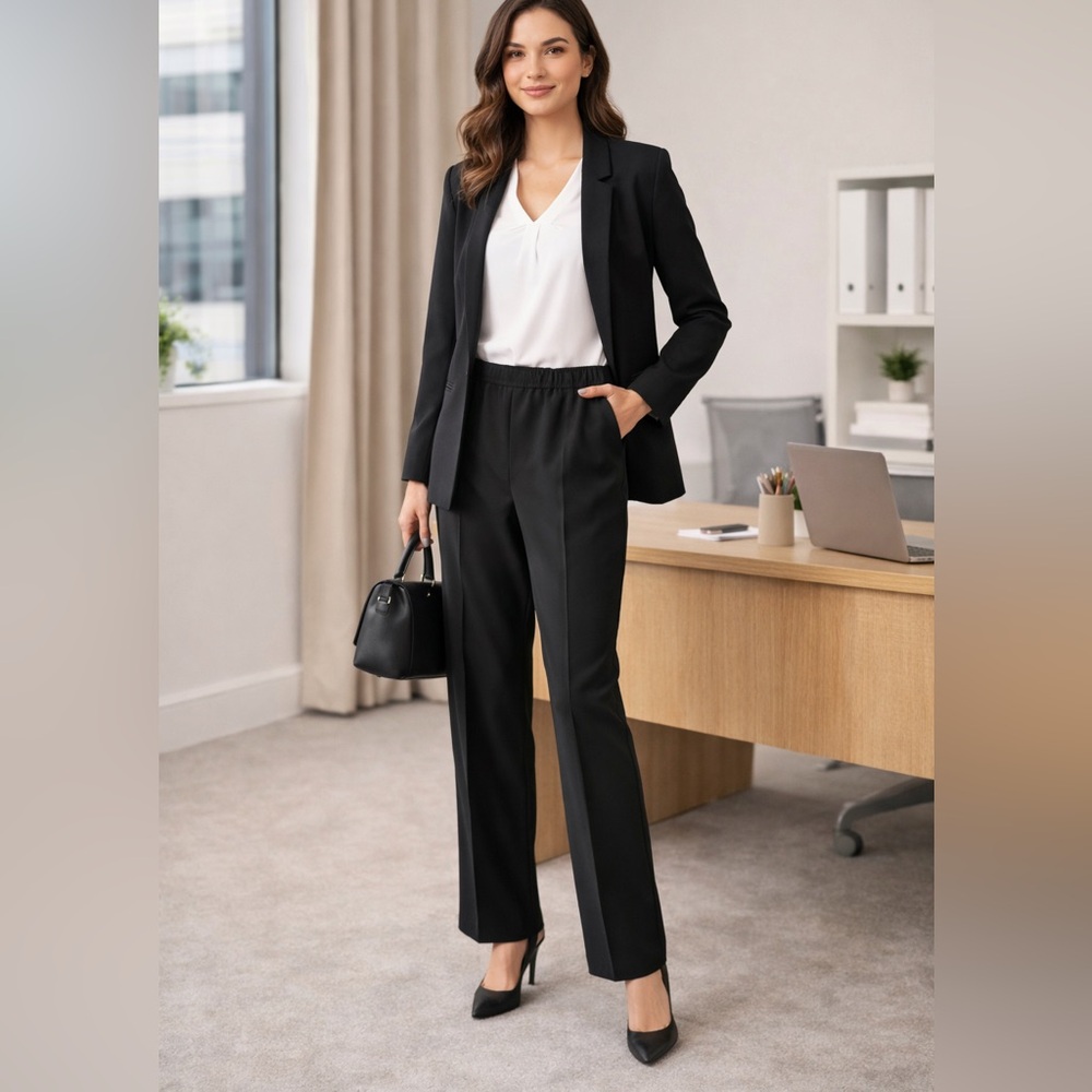 Joan Leslie Black Pull On Work Pants Elastic Waist Straight Leg